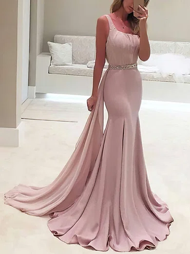 Trumpet/Mermaid One Shoulder Chiffon Sweep Train Beading Prom Dresses #Favs020103518