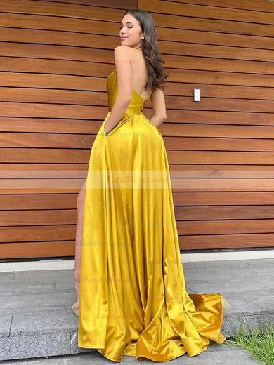A-line Halter Silk-like Satin Sweep Train Pockets Prom Dresses #Favs020106978