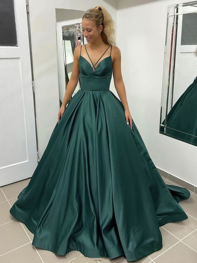 Ball Gown V-neck Satin Court Train Pockets Prom Dresses #Favs020106979