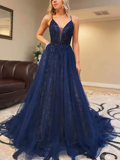 A-line V-neck Lace Tulle Court Train Beading Prom Dresses #Favs020106980