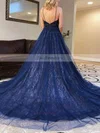 A-line V-neck Lace Tulle Court Train Beading Prom Dresses #Favs020106980