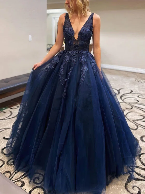 Ball Gown V-neck Tulle Sweep Train Appliques Lace Prom Dresses #Favs020106981