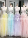 Ball Gown V-neck Tulle Sweep Train Appliques Lace Prom Dresses #Favs020106981