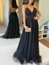 A-line V-neck Tulle Glitter Sweep Train Prom Dresses #Favs020106982
