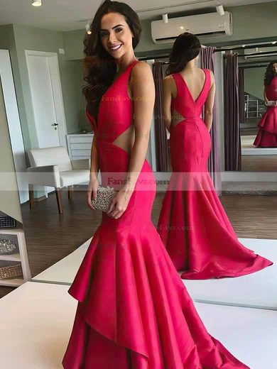 Trumpet/Mermaid V-neck Silk-like Satin Sweep Train Tiered Prom Dresses #Favs020106983