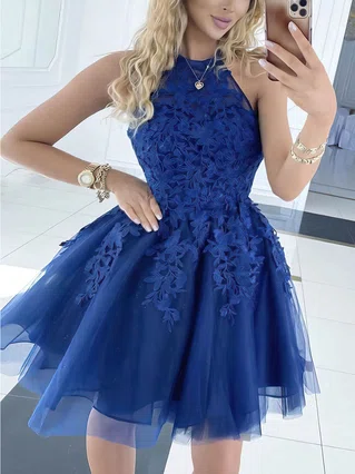A-line Halter Tulle Short/Mini Appliques Lace Short Prom Dresses #Favs020106984 A-line Halter Tulle Short/Mini Appliques Lace Short Prom Dresses #Favs020106984