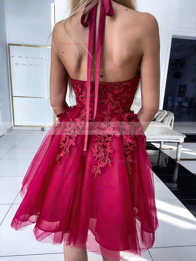 A-line Halter Tulle Short/Mini Appliques Lace Short Prom Dresses #Favs020106984