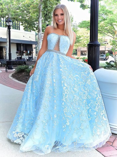 Ball Gown Strapless Tulle Sweep Train Beading Prom Dresses #Favs020106986