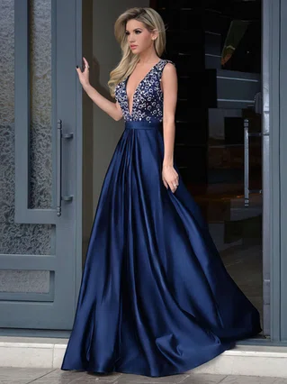 A-line V-neck Satin Sweep Train Beading Prom Dresses #Favs020103534 A-line V-neck Satin Sweep Train Beading Prom Dresses #Favs020103534