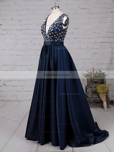 A-line V-neck Satin Sweep Train Beading Prom Dresses #Favs020103534