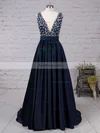 A-line V-neck Satin Sweep Train Beading Prom Dresses #Favs020103534