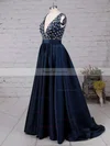 A-line V-neck Satin Sweep Train Beading Prom Dresses #Favs020103534