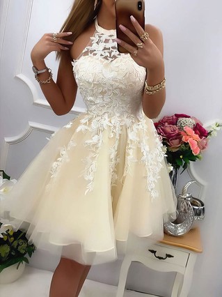 A-line Halter Tulle Short/Mini Appliques Lace Short Prom Dresses #Favs020106991 A-line Halter Tulle Short/Mini Appliques Lace Short Prom Dresses #Favs020106991