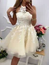 A-line Halter Tulle Short/Mini Appliques Lace Short Prom Dresses #Favs020106991