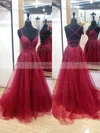 A-line V-neck Tulle Sweep Train Appliques Lace Prom Dresses #Favs020106992