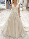 A-line V-neck Tulle Sweep Train Beading Prom Dresses #Favs020106993