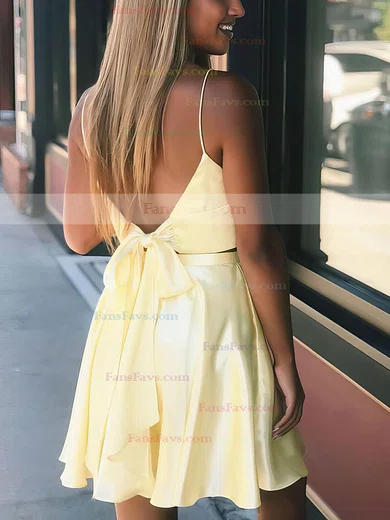 A-line V-neck Satin Short/Mini Bow Short Prom Dresses #Favs020106996