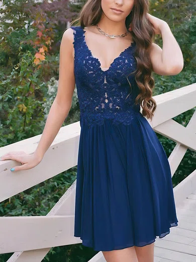 A-line V-neck Chiffon Short/Mini Beading Short Prom Dresses #Favs020106998