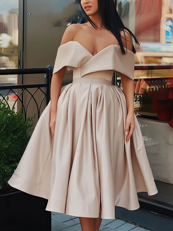 A-line Off-the-shoulder Silk-like Satin Knee-length Ruffles Short Prom Dresses #Favs020107001
