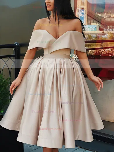 A-line Off-the-shoulder Silk-like Satin Knee-length Ruffles Short Prom Dresses #Favs020107001