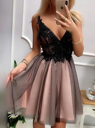 A-line V-neck Tulle Short/Mini Beading Short Prom Dresses #Favs020107002 A-line V-neck Tulle Short/Mini Beading Short Prom Dresses #Favs020107002