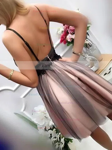A-line V-neck Tulle Short/Mini Beading Short Prom Dresses #Favs020107002