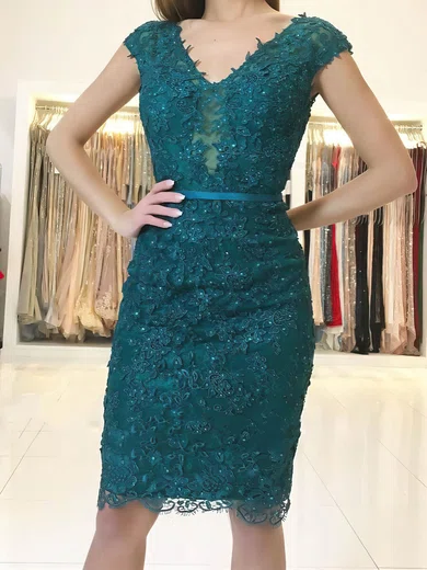 Sheath/Column V-neck Tulle Short/Mini Beading Short Prom Dresses #Favs020107008