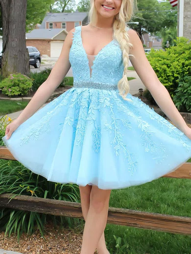 A-line V-neck Tulle Short/Mini Beading Short Prom Dresses #Favs020107010