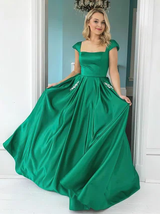 A-line Square Neckline Satin Sweep Train Beading Prom Dresses #Favs020107015 A-line Square Neckline Satin Sweep Train Beading Prom Dresses #Favs020107015