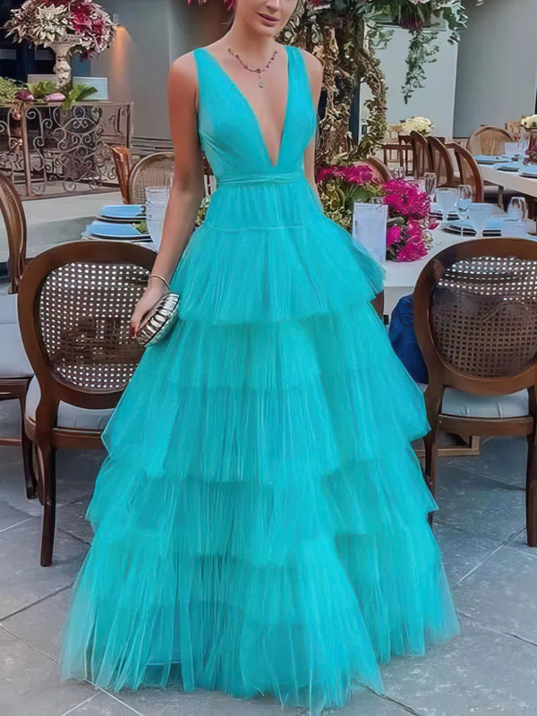 A-line V-neck Tulle Floor-length Tiered Prom Dresses #Favs020107017