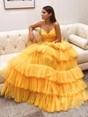 Princess V-neck Tulle Sweep Train Tiered Prom Dresses #Favs020107018