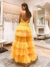 Princess V-neck Tulle Sweep Train Tiered Prom Dresses #Favs020107018