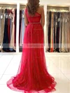 A-line One Shoulder Tulle Sweep Train Beading Prom Dresses #Favs020107020