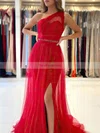 A-line One Shoulder Tulle Sweep Train Beading Prom Dresses #Favs020107020