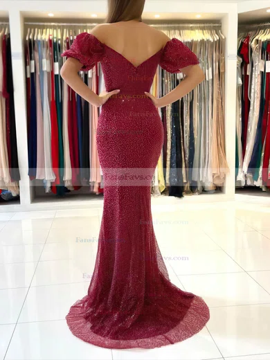 Sheath/Column Off-the-shoulder Sequined Sweep Train Split Front Prom Dresses #Favs020107021