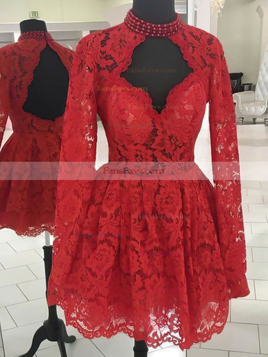 A-line High Neck Lace Short/Mini Beading Short Prom Dresses #Favs020107023