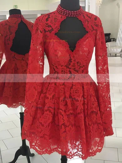 A-line High Neck Lace Short/Mini Beading Short Prom Dresses #Favs020107023