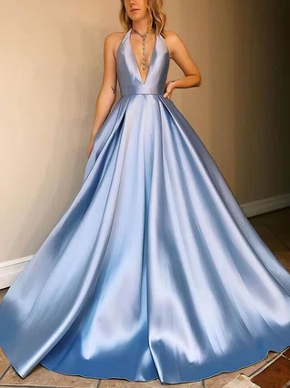 A-line Halter Satin Sweep Train Pockets Prom Dresses #Favs020107024 A-line Halter Satin Sweep Train Pockets Prom Dresses #Favs020107024