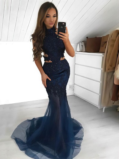Trumpet/Mermaid High Neck Tulle Sweep Train Beading Prom Dresses #Favs020107025