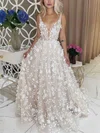 A-line V-neck Tulle Sweep Train Appliques Lace Prom Dresses #Favs020107026