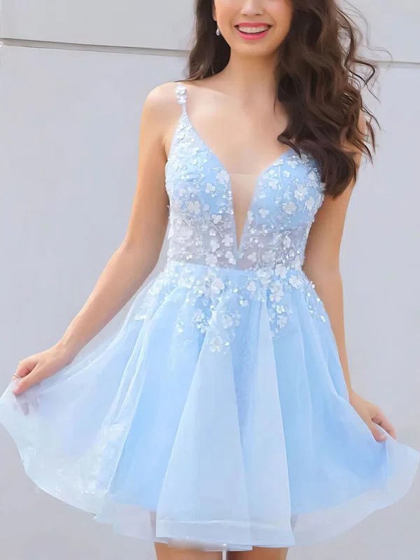 A-line V-neck Tulle Short/Mini Appliques Lace Short Prom Dresses #Favs020107027
