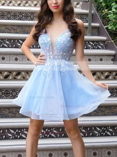 A-line V-neck Tulle Short/Mini Appliques Lace Short Prom Dresses #Favs020107027