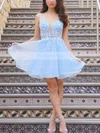 A-line V-neck Tulle Short/Mini Appliques Lace Prom Dresses #Favs020107027