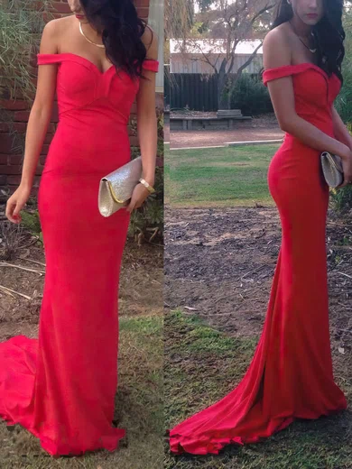 Sheath/Column Off-the-shoulder Silk-like Satin Sweep Train Ruffles Prom Dresses #Favs020102332