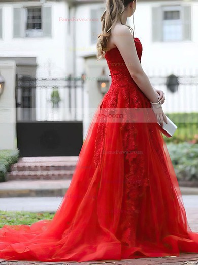 A-line Strapless Tulle Court Train Beading Prom Dresses #Favs020107033