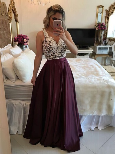 A-line V-neck Satin Floor-length Appliques Lace Prom Dresses #Favs020103548
