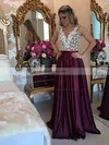 A-line V-neck Satin Floor-length Appliques Lace Prom Dresses #Favs020103548