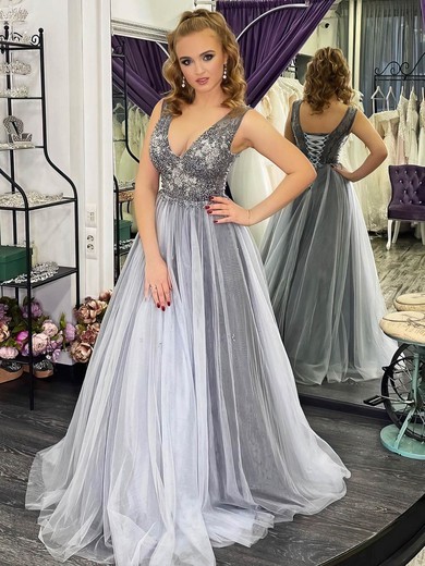 A-line V-neck Tulle Sweep Train Beading Prom Dresses #Favs020107050