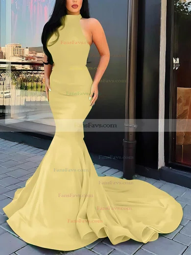 Trumpet/Mermaid Halter Silk-like Satin Court Train Cascading Ruffles Prom Dresses #Favs020107051