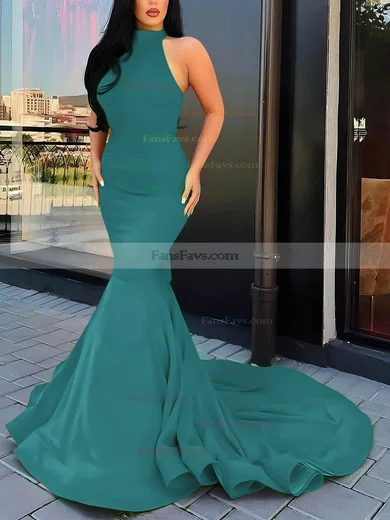 Trumpet/Mermaid Halter Silk-like Satin Court Train Cascading Ruffles Prom Dresses #Favs020107051